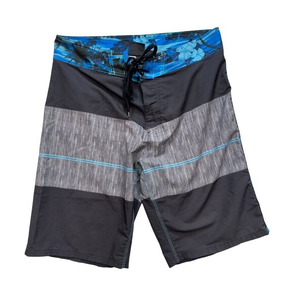Burnside Mens Swim Boardshorts Size 32 Blue Gray Flora Striped Drawstring Summer - Picture 1 of 10